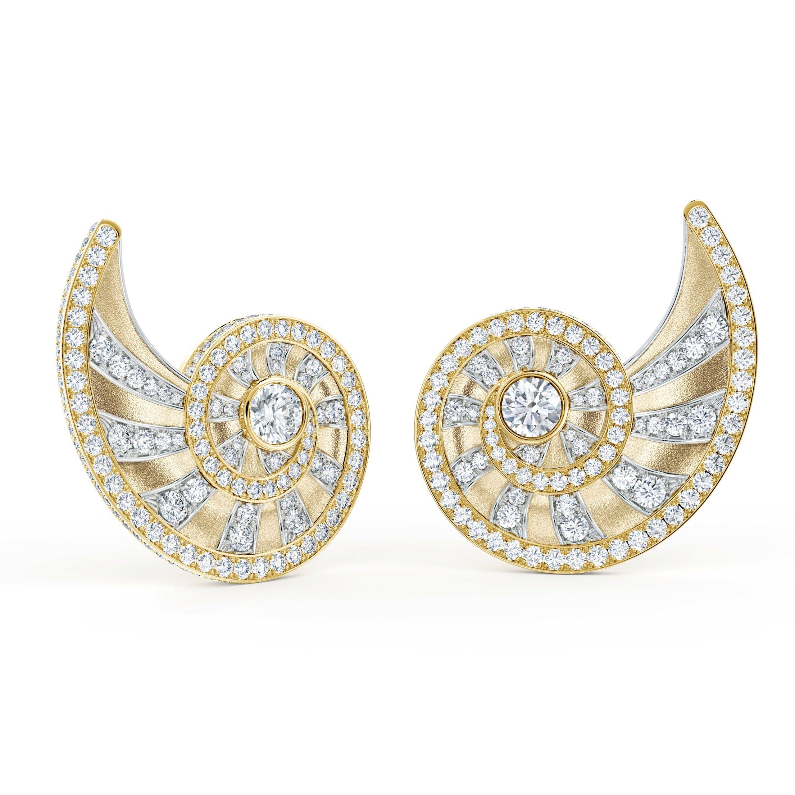 Long gold Magic Nature Earrings with diamonds