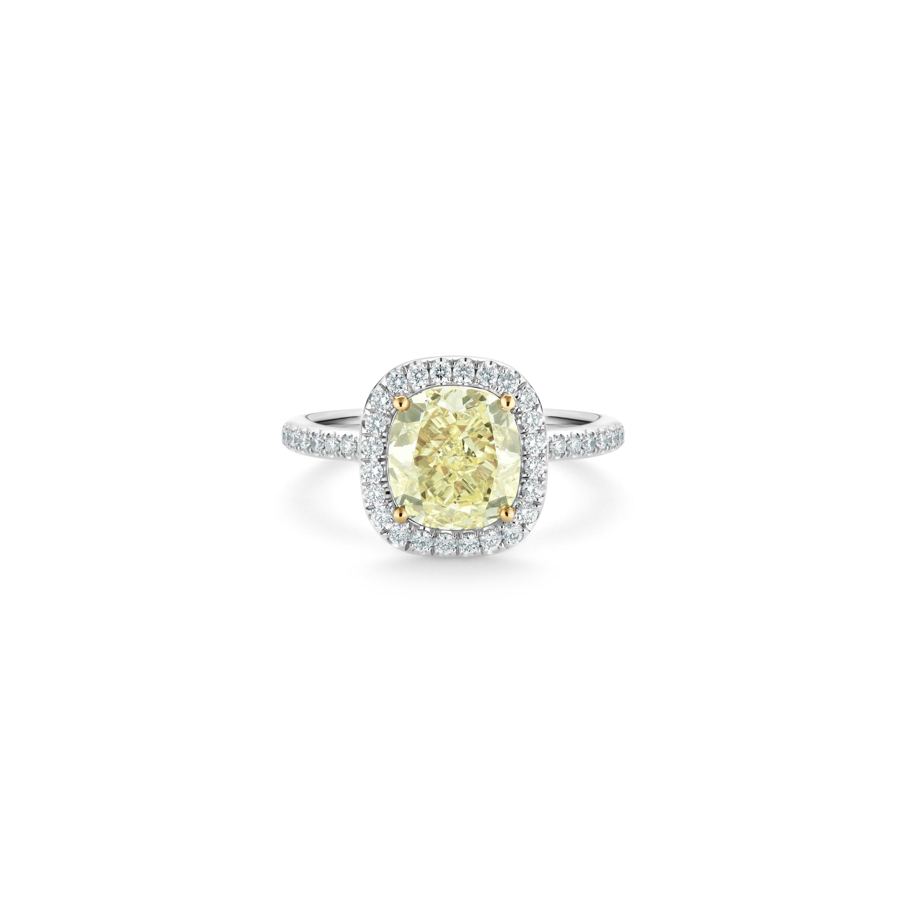 Debeers Aura Fancy Yellow Cushion-cut Diamond Ring In Metallic
