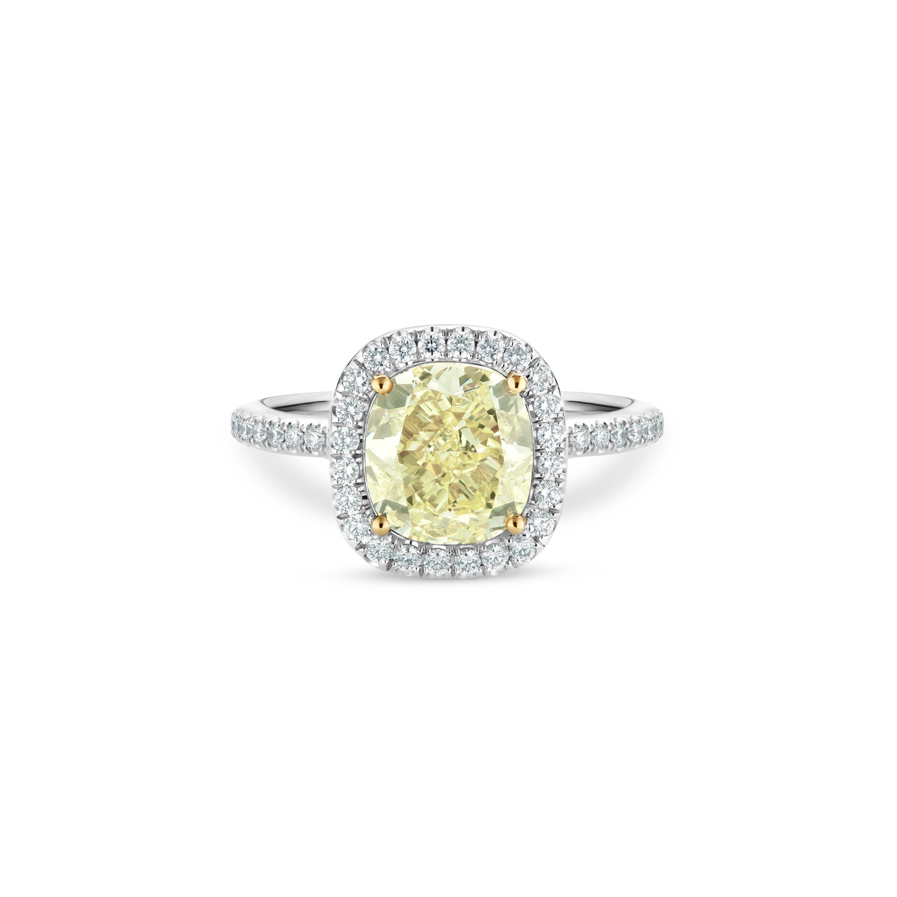 Debeers Aura Fancy Yellow Cushion-cut Diamond Ring In Metallic