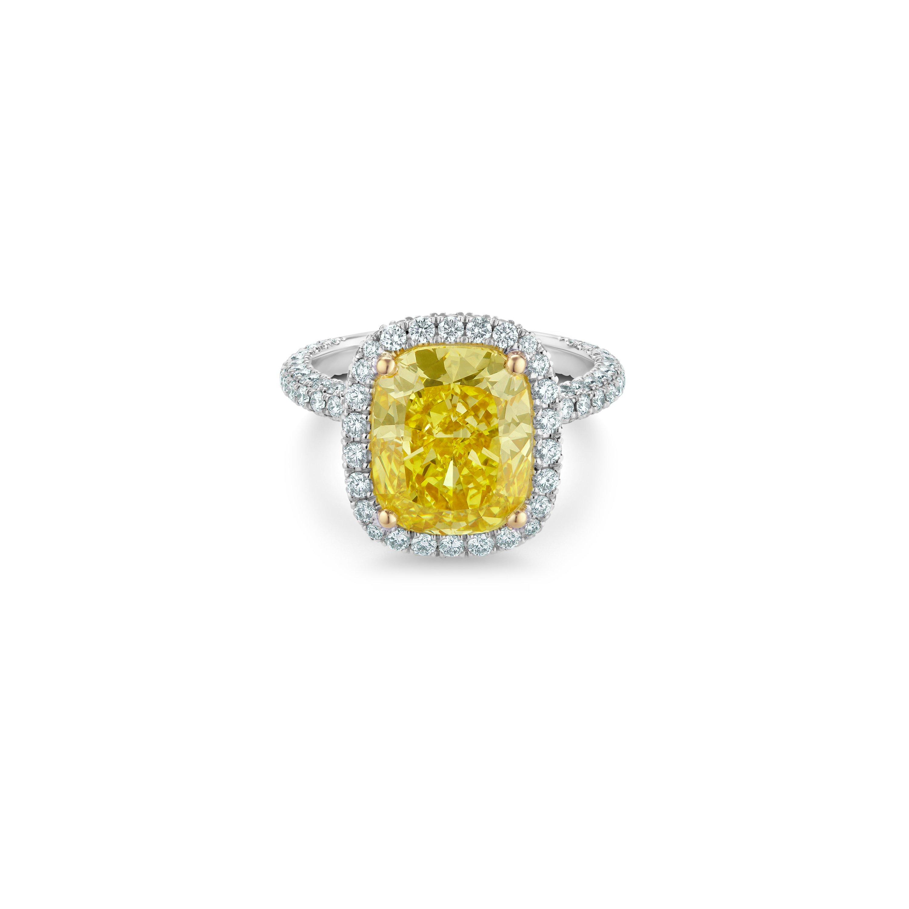 Solitaire Aura diamant jaune fancy vivid/intense taille coussin