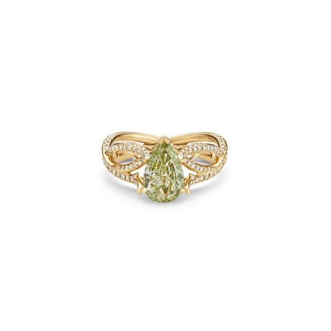 Volute fancy yellowish green pear-shaped diamond ring