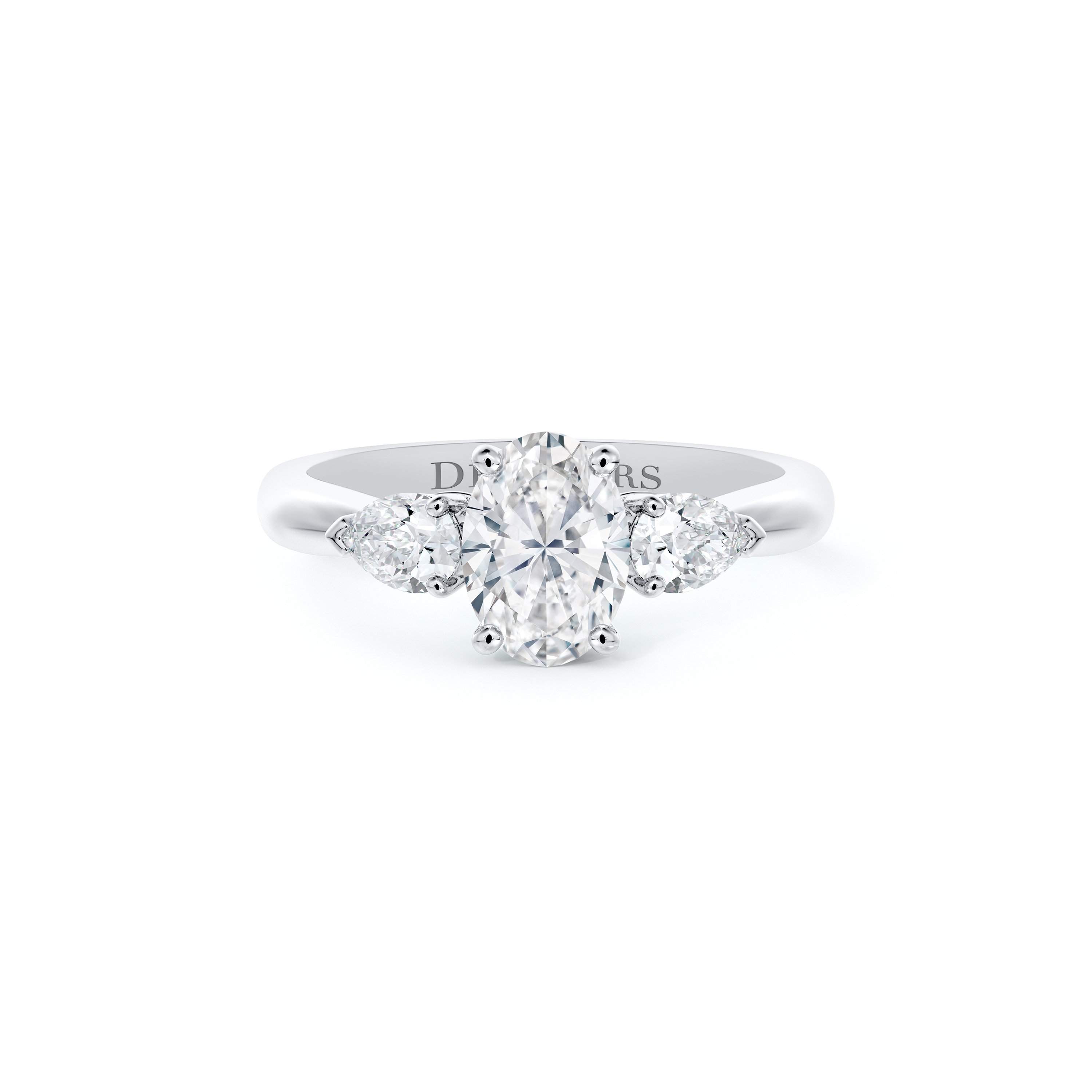 DB Classic Oval Shaped Centre with Pear Shaped Side Stones Diamond Ring De Beers UK