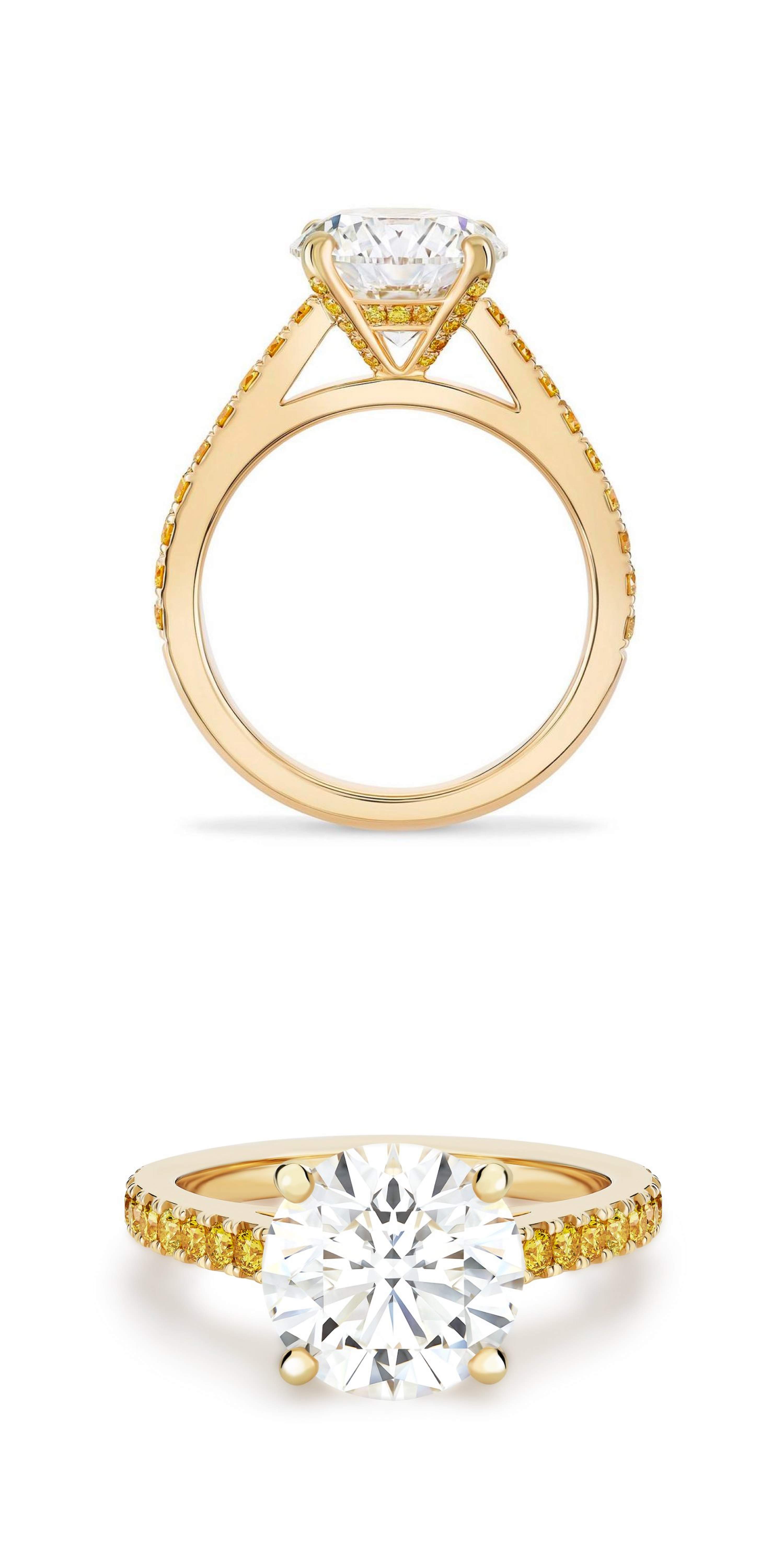 Solitaire DB Classic taille brillant anneau en or jaune pavé diamants de couleur, image 1