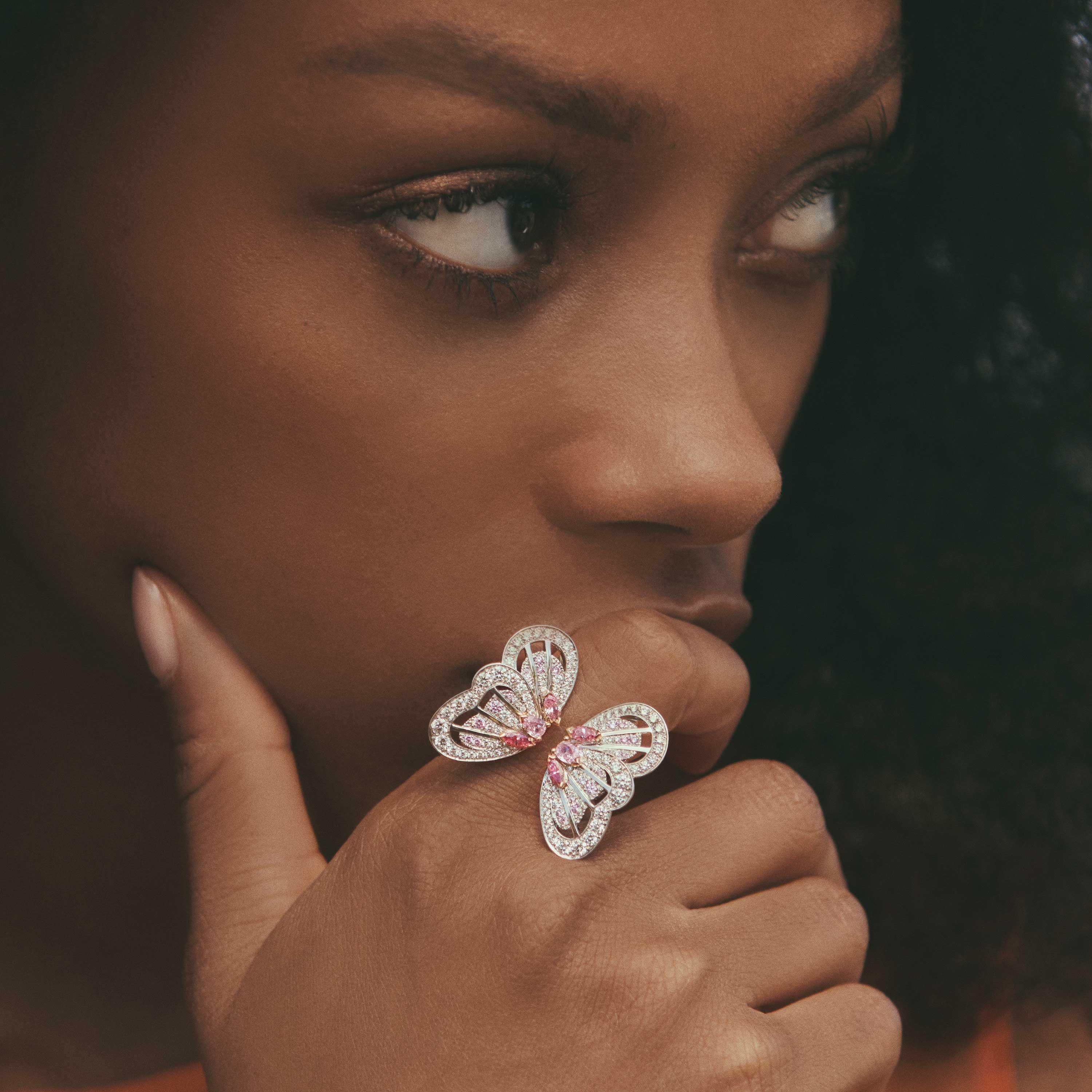 Tindi Mar Wears Butterflies Rich, Delicate De Beers Diamonds for